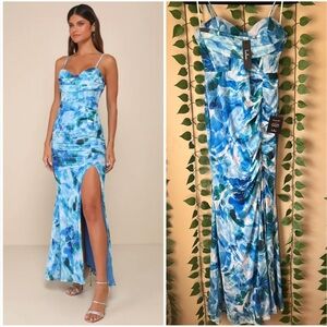 Lulu's Blue & White Watercolor Maxi Dress with Side Slit